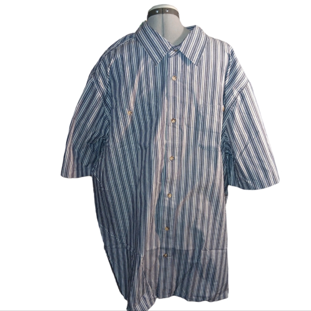 KINGSIZE Shirt Mens 3XLT Blue Striped Button Up Pockets Short Sleeve Col…